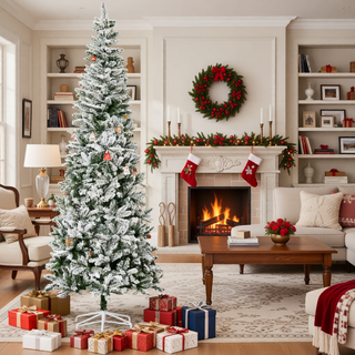 Sunvega Pencil Artificial Xmas Tree with Faux Snow Flocked Full Branch Tips Flame-retardant