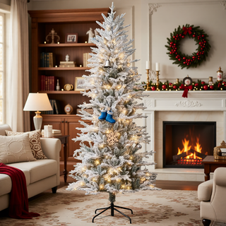 Sunvega Pencil Artificial Xmas Tree with Faux Snow Flocked Full Branch Tips Flame-retardant