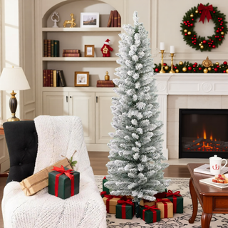 Sunvega Pencil Artificial Xmas Tree with Faux Snow Flocked Full Branch Tips Flame-retardant