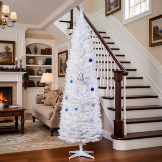 Sunvega Pencil Artificial Xmas Tree with Faux Snow Flocked Full Branch Tips Flame-retardant