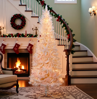 Sunvega Pencil Artificial Xmas Tree with Faux Snow Flocked Full Branch Tips Flame-retardant