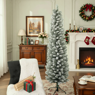 Sunvega Pencil Artificial Xmas Tree with Faux Snow Flocked Full Branch Tips Flame-retardant