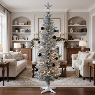 Sunvega Pencil Artificial Xmas Tree with Faux Snow Flocked Full Branch Tips Flame-retardant