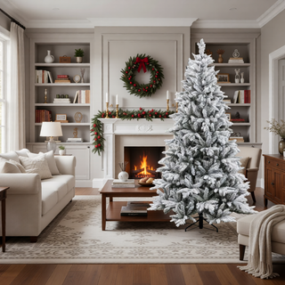 Sunvega Pencil Artificial Xmas Tree with Faux Snow Flocked Full Branch Tips Flame-retardant