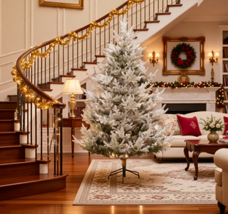 Sunvega Pencil Artificial Xmas Tree with Faux Snow Flocked Full Branch Tips Flame-retardant