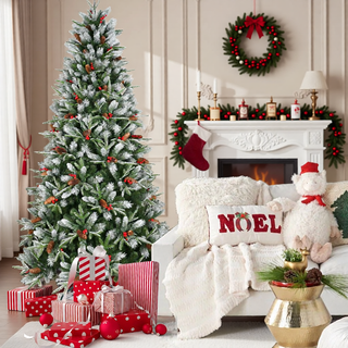 Sunvega Snow-Dusted Christmas Tree with Red Berries Pine Cones for Natural Holiday Decoration