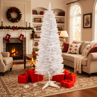 Sunvega Pencil Artificial Xmas Tree with Faux Snow Flocked Full Branch Tips Flame-retardant