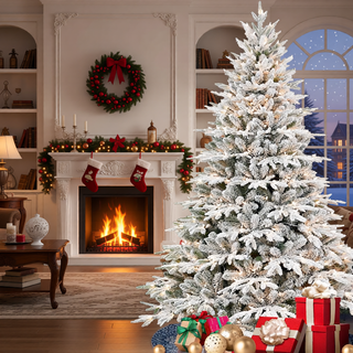 Sunvega 5ft Pre-Lit Flocked Artificial Christmas Tree with 300 Warm White Lights