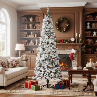 Sunvega Pencil Artificial Xmas Tree with Faux Snow Flocked Full Branch Tips Flame-retardant