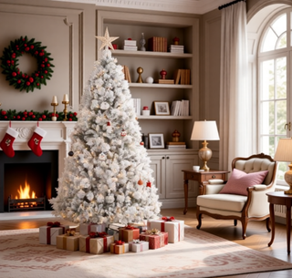 Sunvega Pencil Artificial Xmas Tree with Faux Snow Flocked Full Branch Tips Flame-retardant