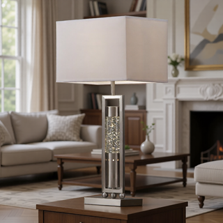 Sunvega Satin Copper Finish Metal Water Dancing Table Lamp with Fabric Shade