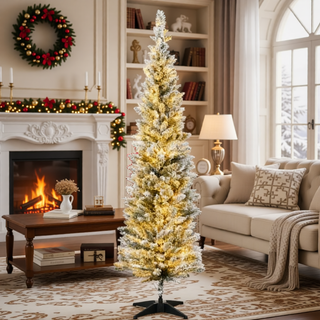 Sunvega Pencil Artificial Xmas Tree with Faux Snow Flocked Full Branch Tips Flame-retardant