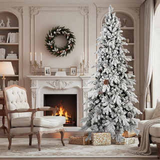 Sunvega Pencil Artificial Xmas Tree with Faux Snow Flocked Full Branch Tips Flame-retardant