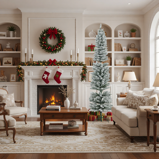 Sunvega Pencil Artificial Xmas Tree with Faux Snow Flocked Full Branch Tips Flame-retardant