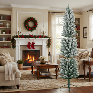 Sunvega Pencil Artificial Xmas Tree with Faux Snow Flocked Full Branch Tips Flame-retardant
