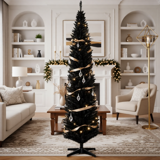 Sunvega Pencil Artificial Xmas Tree with Faux Snow Flocked Full Branch Tips Flame-retardant