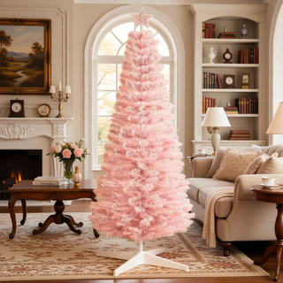 Sunvega Pencil Artificial Xmas Tree with Faux Snow Flocked Full Branch Tips Flame-retardant