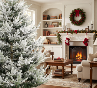 Sunvega Pencil Artificial Xmas Tree with Faux Snow Flocked Full Branch Tips Flame-retardant