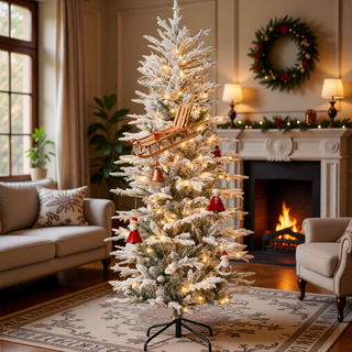 Sunvega Pencil Artificial Xmas Tree with Faux Snow Flocked Full Branch Tips Flame-retardant