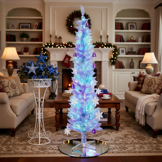 Sunvega Pencil Artificial Xmas Tree with Faux Snow Flocked Full Branch Tips Flame-retardant