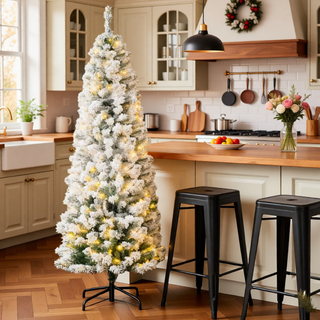 Sunvega Pencil Artificial Xmas Tree with Faux Snow Flocked Full Branch Tips Flame-retardant