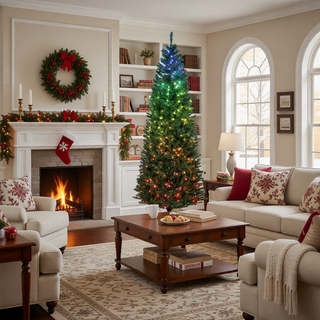 Sunvega Pencil Artificial Xmas Tree with Faux Snow Flocked Full Branch Tips Flame-retardant