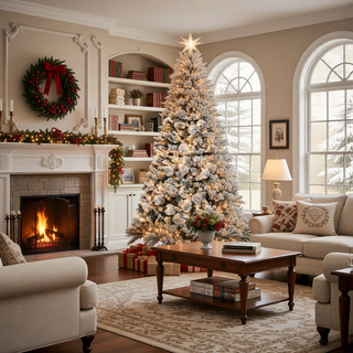 Sunvega Pencil Artificial Xmas Tree with Faux Snow Flocked Full Branch Tips Flame-retardant