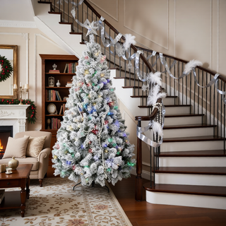 Sunvega Pencil Artificial Xmas Tree with Faux Snow Flocked Full Branch Tips Flame-retardant