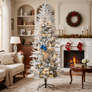 Sunvega Pencil Artificial Xmas Tree with Faux Snow Flocked Full Branch Tips Flame-retardant