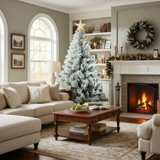 Sunvega Pencil Artificial Xmas Tree with Faux Snow Flocked Full Branch Tips Flame-retardant