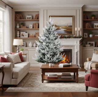 Sunvega Pencil Artificial Xmas Tree with Faux Snow Flocked Full Branch Tips Flame-retardant