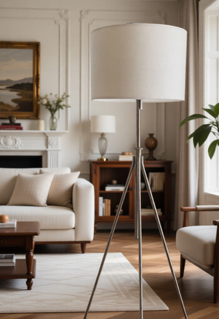 Sunvega Adjustable Tripod Table Lamp with Brushed Nickel Base and Fabric Shade