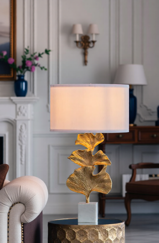 Sunvega Gold and White Leaf Design Table Lamp with Marble Base and Fabric Shade