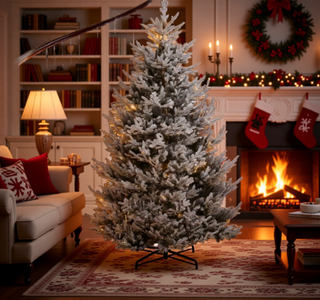 Sunvega Pencil Artificial Xmas Tree with Faux Snow Flocked Full Branch Tips Flame-retardant