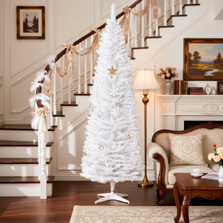 Sunvega Pencil Artificial Xmas Tree with Faux Snow Flocked Full Branch Tips Flame-retardant