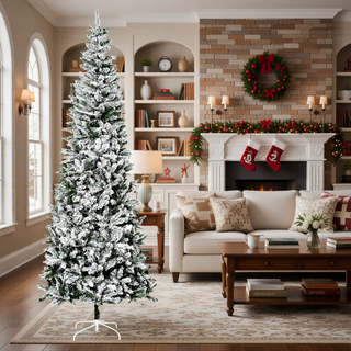 Sunvega Pencil Artificial Xmas Tree with Faux Snow Flocked Full Branch Tips Flame-retardant