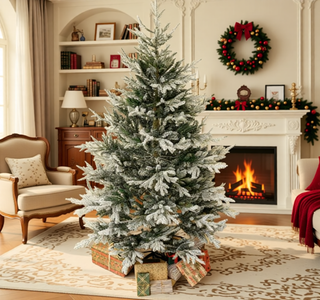 Sunvega Pencil Artificial Xmas Tree with Faux Snow Flocked Full Branch Tips Flame-retardant