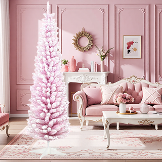 Sunvega Pencil Artificial Xmas Tree with Faux Snow Flocked Full Branch Tips Flame-retardant