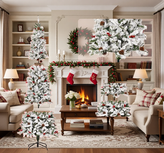 Sunvega Pencil Artificial Xmas Tree with Faux Snow Flocked Full Branch Tips Flame-retardant