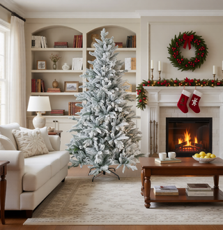 Sunvega Pencil Artificial Xmas Tree with Faux Snow Flocked Full Branch Tips Flame-retardant