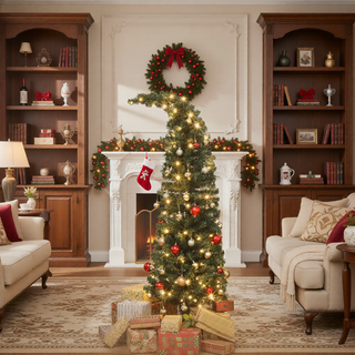 Sunvega Pencil Artificial Xmas Tree with Faux Snow Flocked Full Branch Tips Flame-retardant