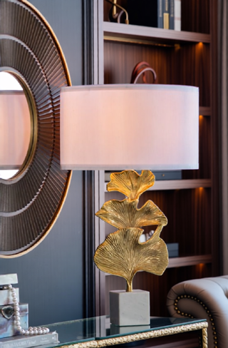 Sunvega Gold and White Leaf Design Table Lamp with Marble Base and Fabric Shade