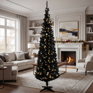 Sunvega Pencil Artificial Xmas Tree with Faux Snow Flocked Full Branch Tips Flame-retardant