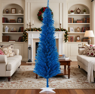 Sunvega Pencil Artificial Xmas Tree with Faux Snow Flocked Full Branch Tips Flame-retardant