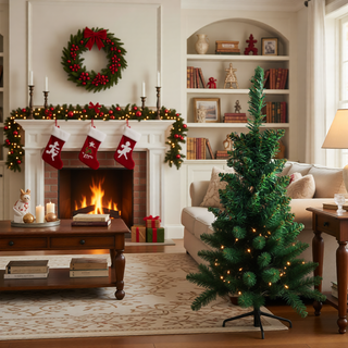 Sunvega Pencil Artificial Xmas Tree with Faux Snow Flocked Full Branch Tips Flame-retardant