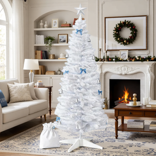 Sunvega Pencil Artificial Xmas Tree with Faux Snow Flocked Full Branch Tips Flame-retardant
