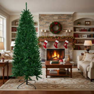 Sunvega Pencil Artificial Xmas Tree with Faux Snow Flocked Full Branch Tips Flame-retardant