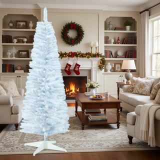 Sunvega Pencil Artificial Xmas Tree with Faux Snow Flocked Full Branch Tips Flame-retardant