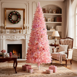 Sunvega Pencil Artificial Xmas Tree with Faux Snow Flocked Full Branch Tips Flame-retardant
