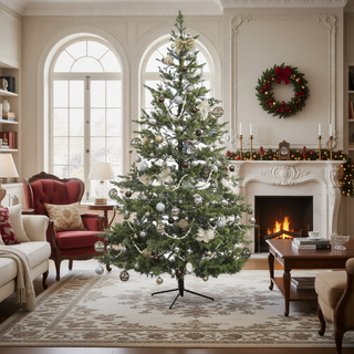 Sunvega Pencil Artificial Xmas Tree with Faux Snow Flocked Full Branch Tips Flame-retardant